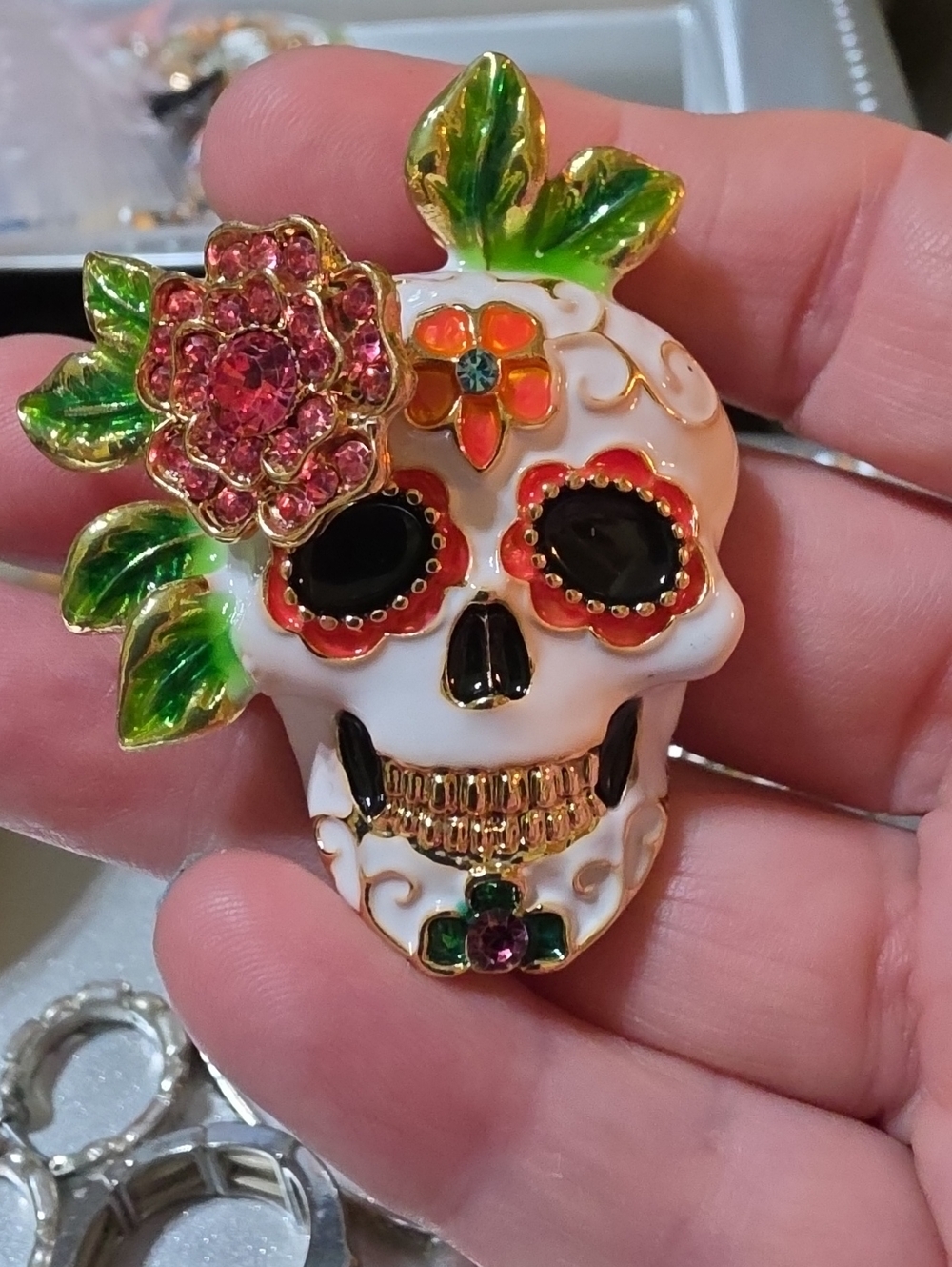 A22- Enamel Sugar Skull Brooch with Pink Flower and Green Leaves